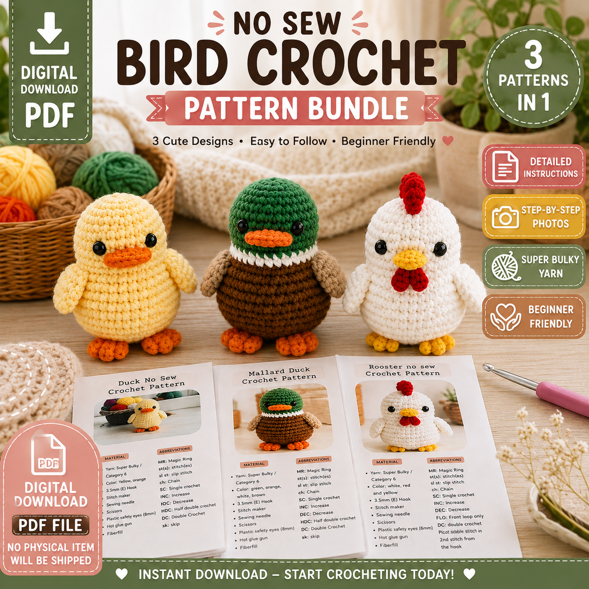 3-in-1 No Sew Bird Crochet Pattern Bundle PDF (Digital Download)