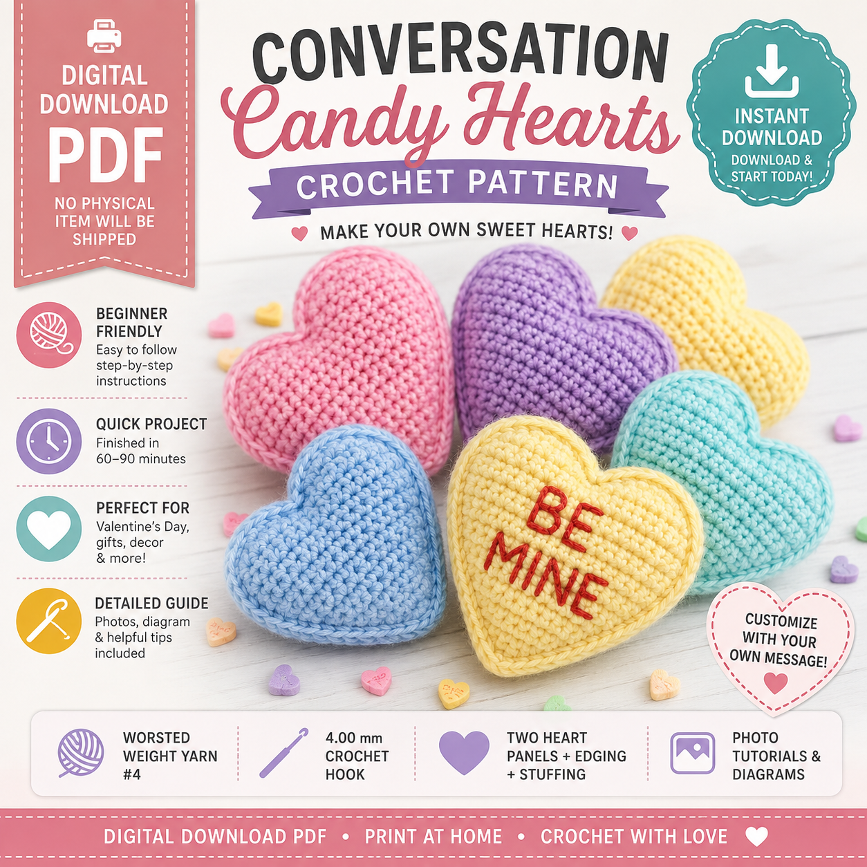 Conversation Candy Hearts Crochet Pattern (Instant Digital Download)