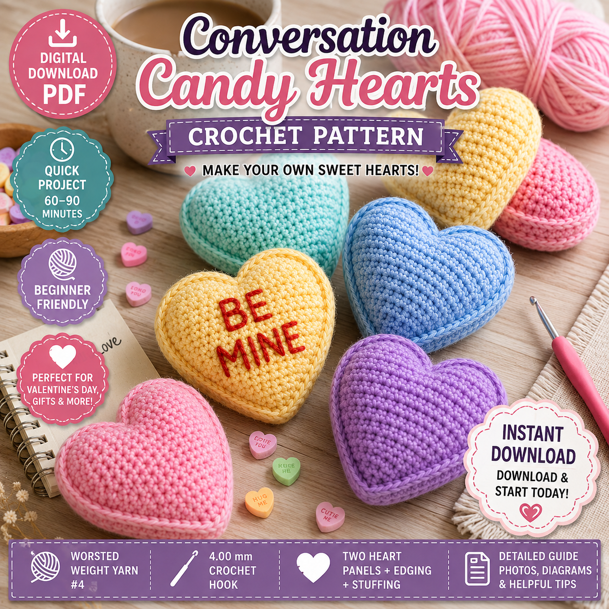 Conversation Candy Hearts Crochet Pattern (Instant Digital Download)