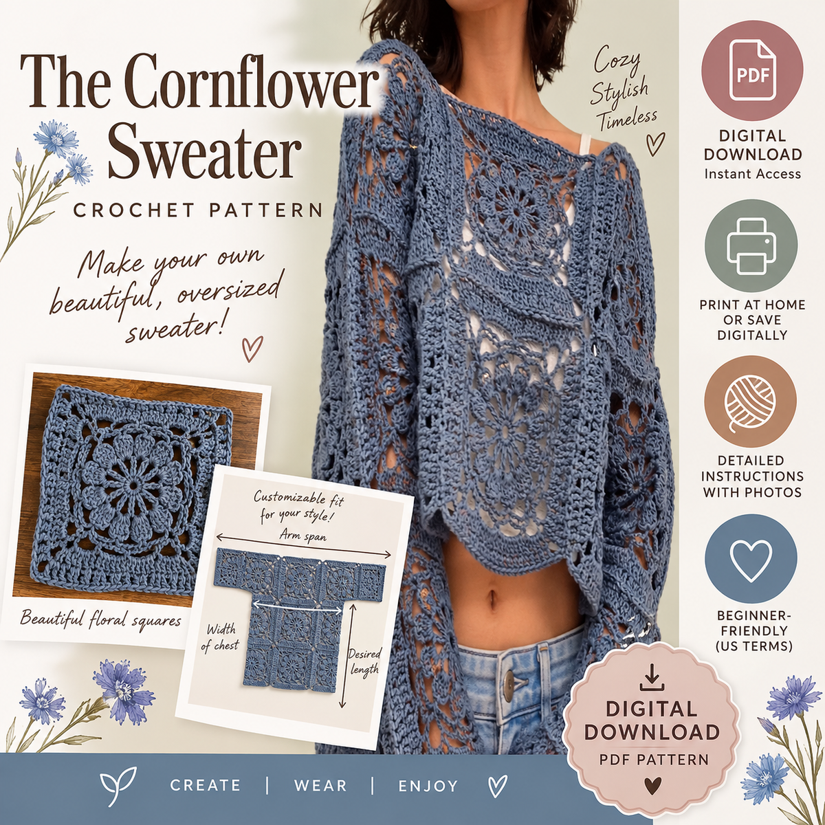 Cornflower Sweater Crochet Pattern (Digital Download)
