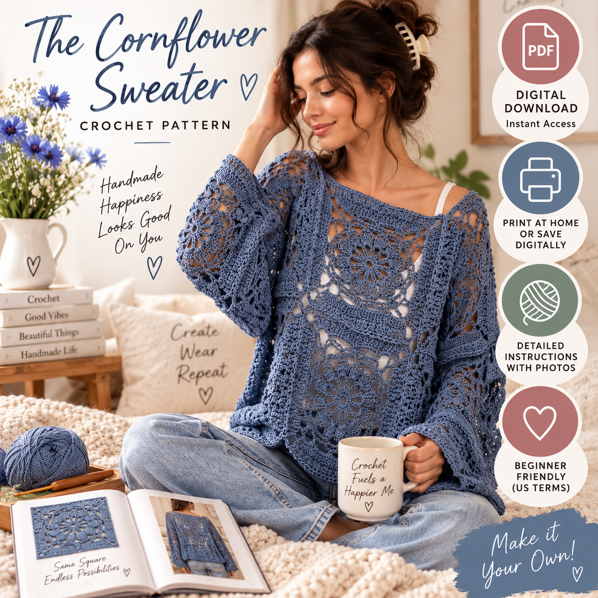 Cornflower Sweater Crochet Pattern (Digital Download)