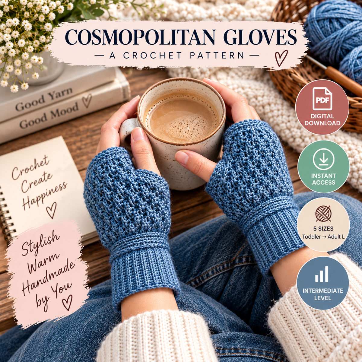 Cosmopolitan Fingerless Gloves Crochet Pattern (Instant Digital Download)