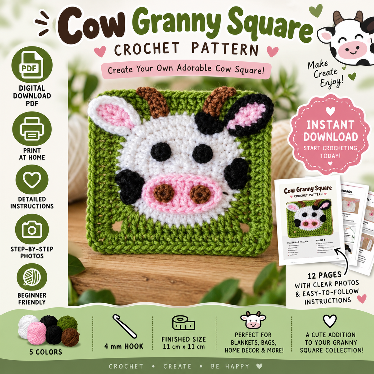 Cow Granny Square Crochet Pattern (Digital Download Crochet)