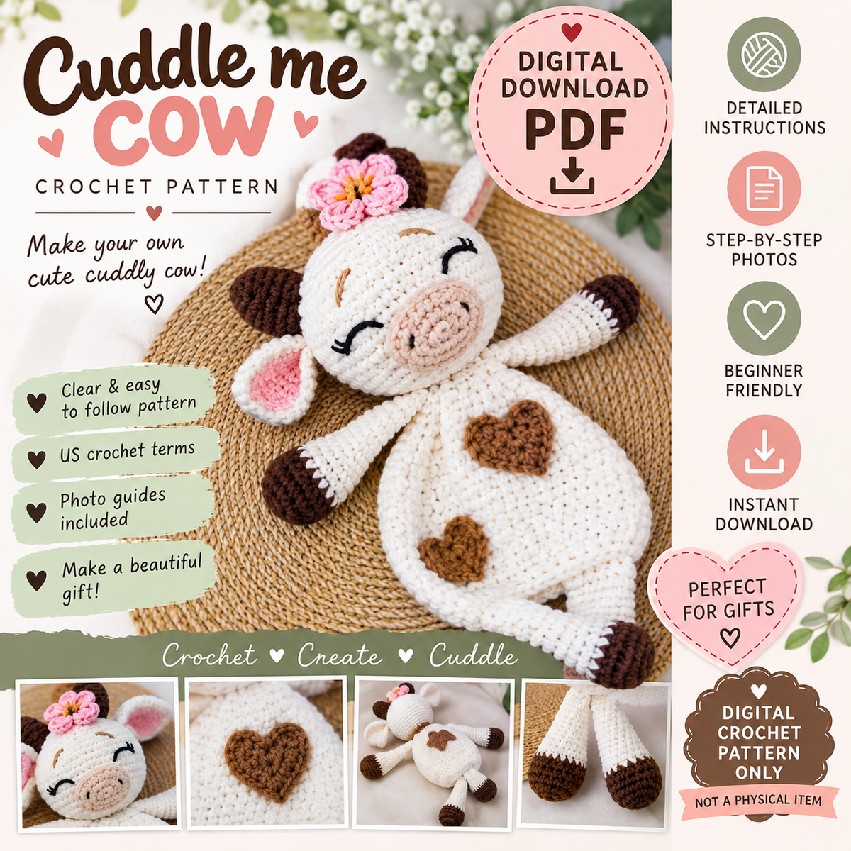 Cuddle Me Cow Crochet Pattern (Instant Digital Download)