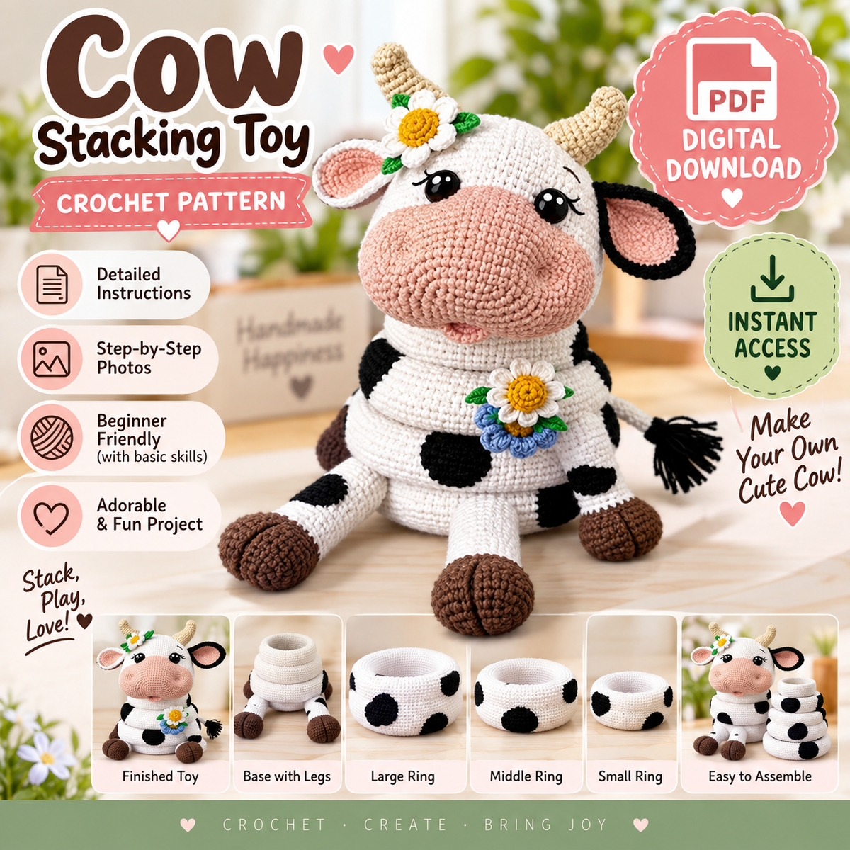 Cow Stacking Toy Crochet Pattern (Digital Download)