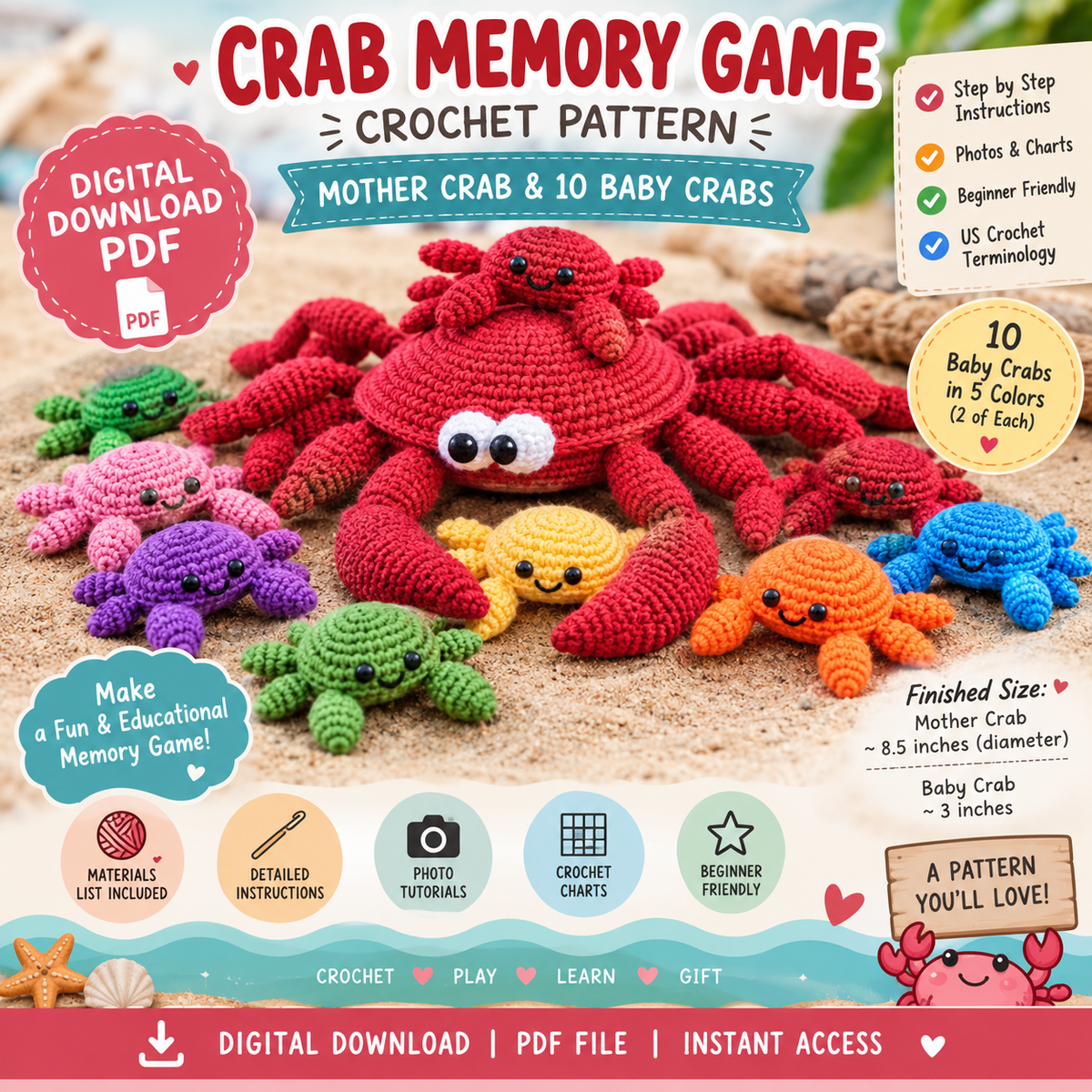Crab Memory Game Crochet Pattern (Beginner Friendly Digital Download)