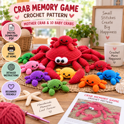 Crab Memory Game Crochet Pattern (Beginner Friendly Digital Download)