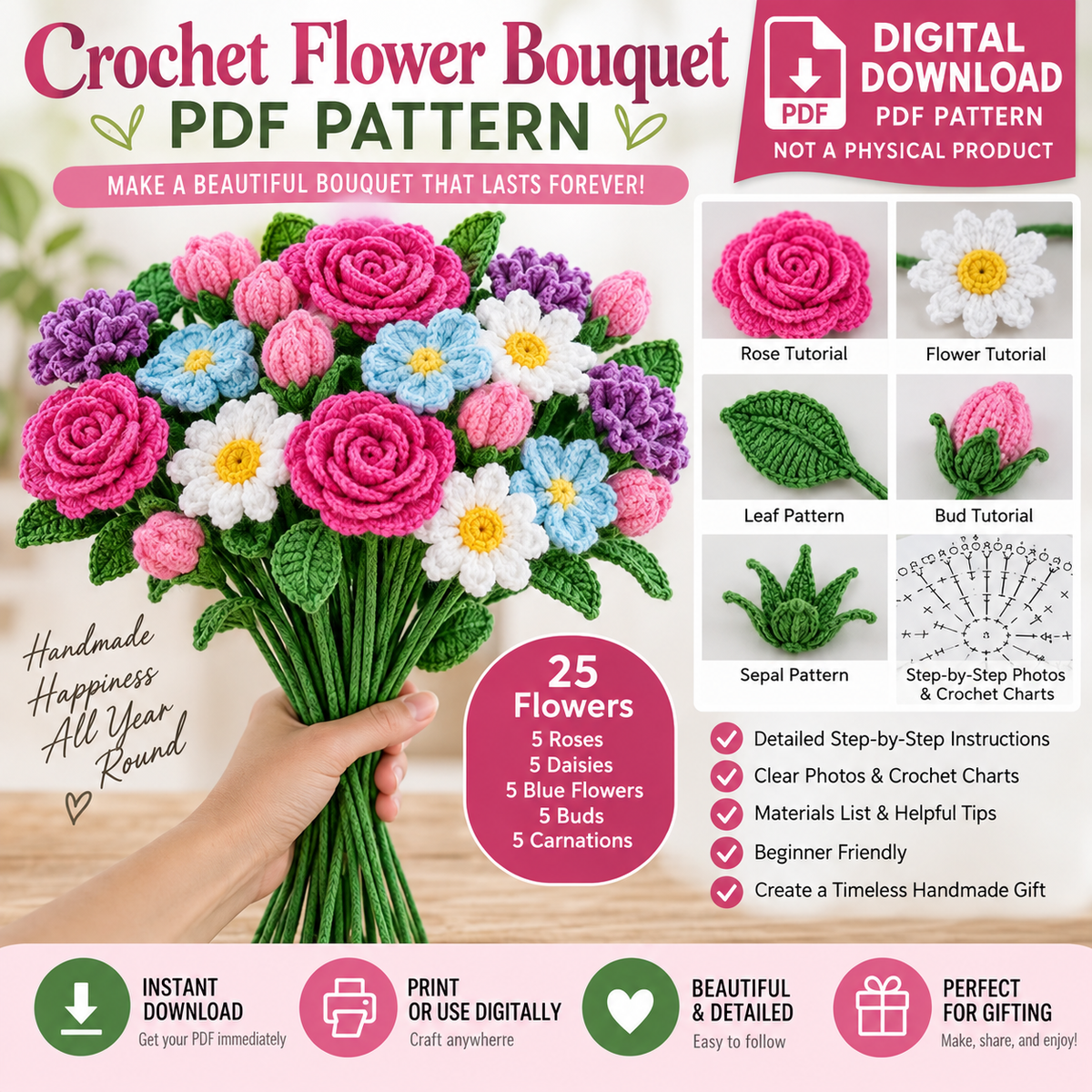 Crochet Flower Bouquet PDF Pattern | Rose, Daisy, Bud & Leaf (Digital Download)