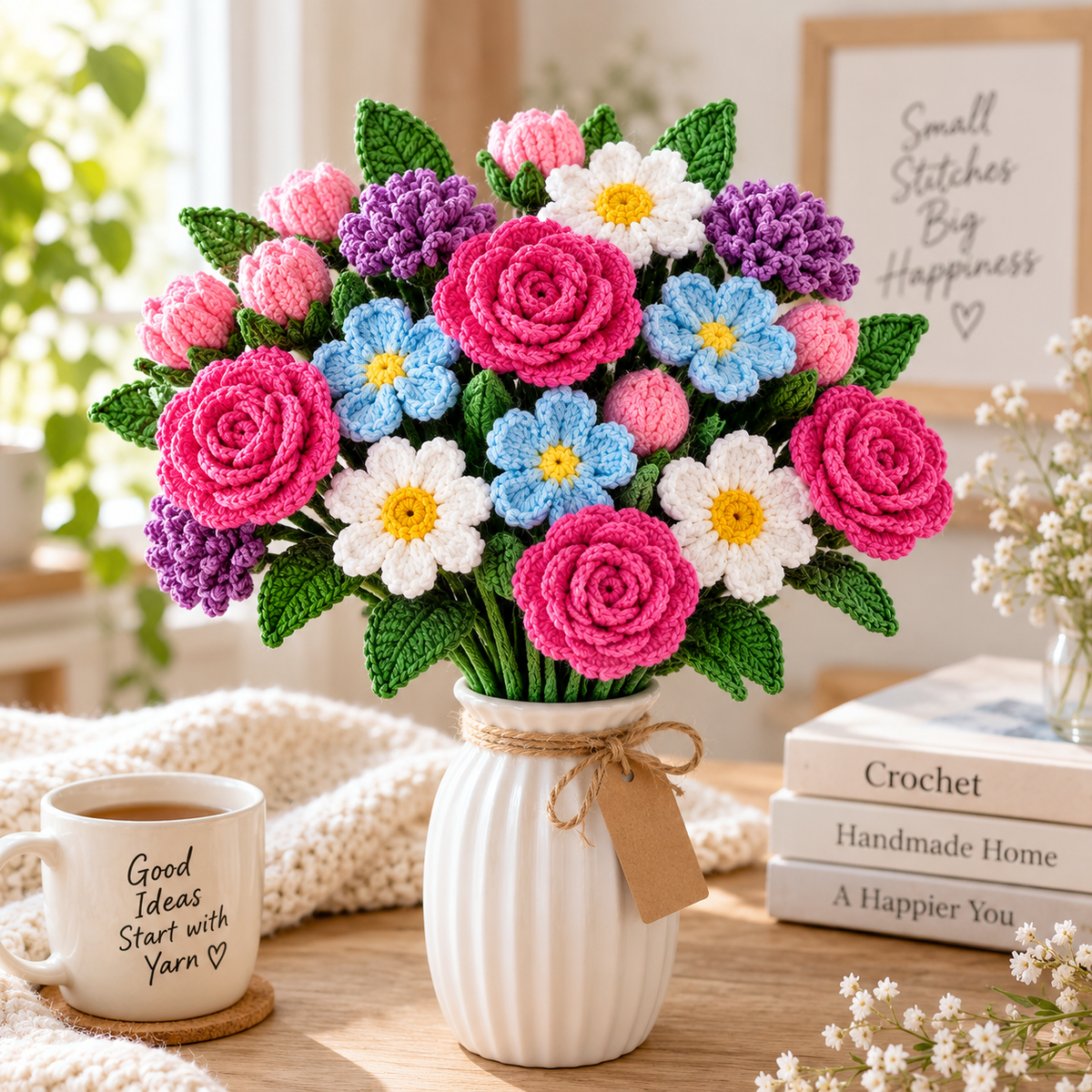 Crochet Flower Bouquet PDF Pattern | Rose, Daisy, Bud & Leaf (Digital Download)