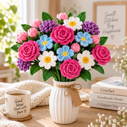 Crochet Flower Bouquet PDF Pattern | Rose, Daisy, Bud & Leaf (Digital Download)