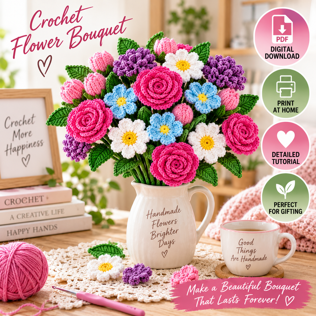 Crochet Flower Bouquet PDF Pattern | Rose, Daisy, Bud & Leaf (Digital Download)