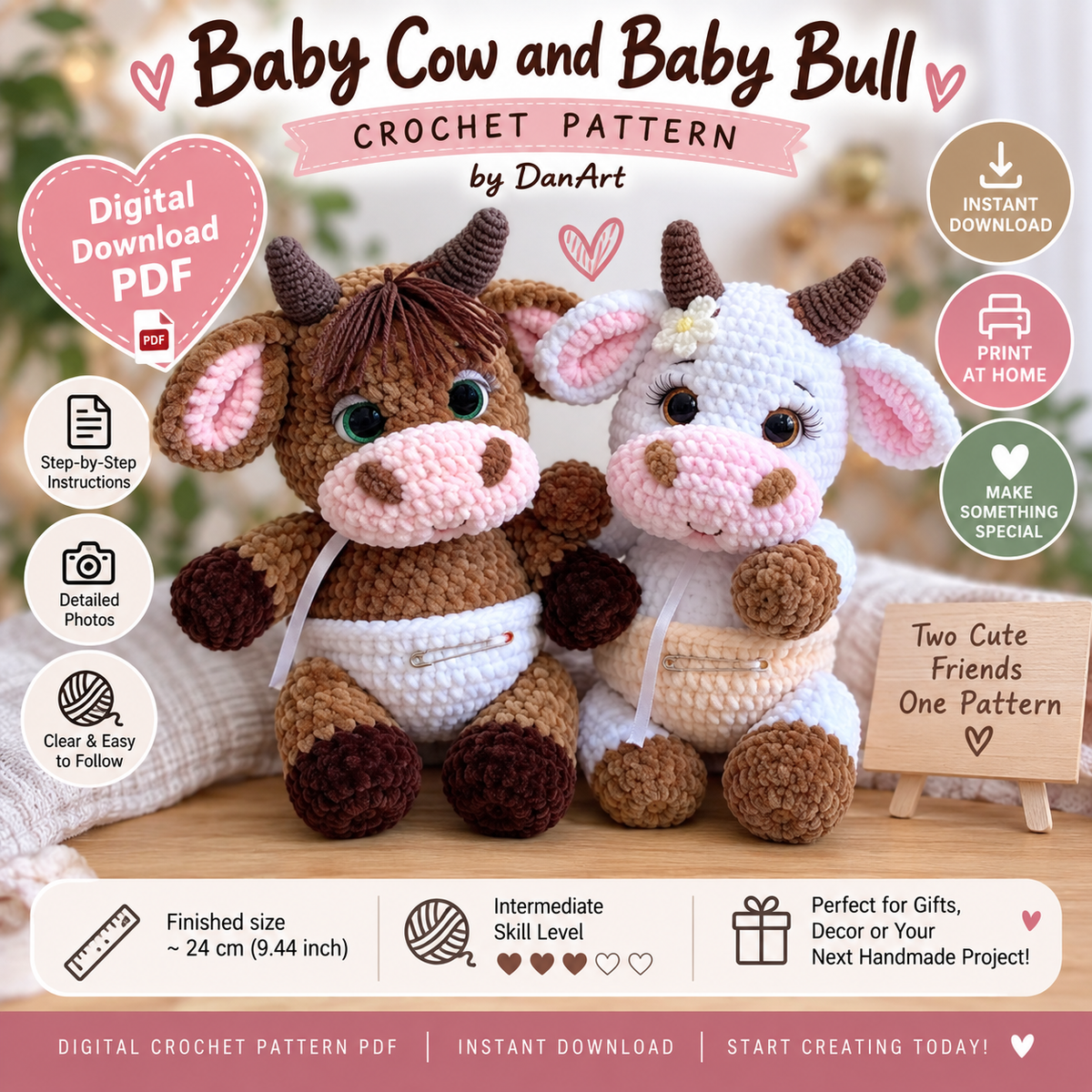 Baby Cow & Baby Bull Crochet Pattern (Digital Download)