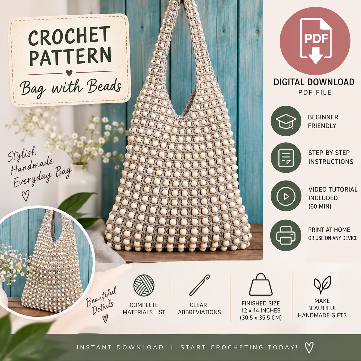 Bag with Beads Crochet Pattern (Digital Download)