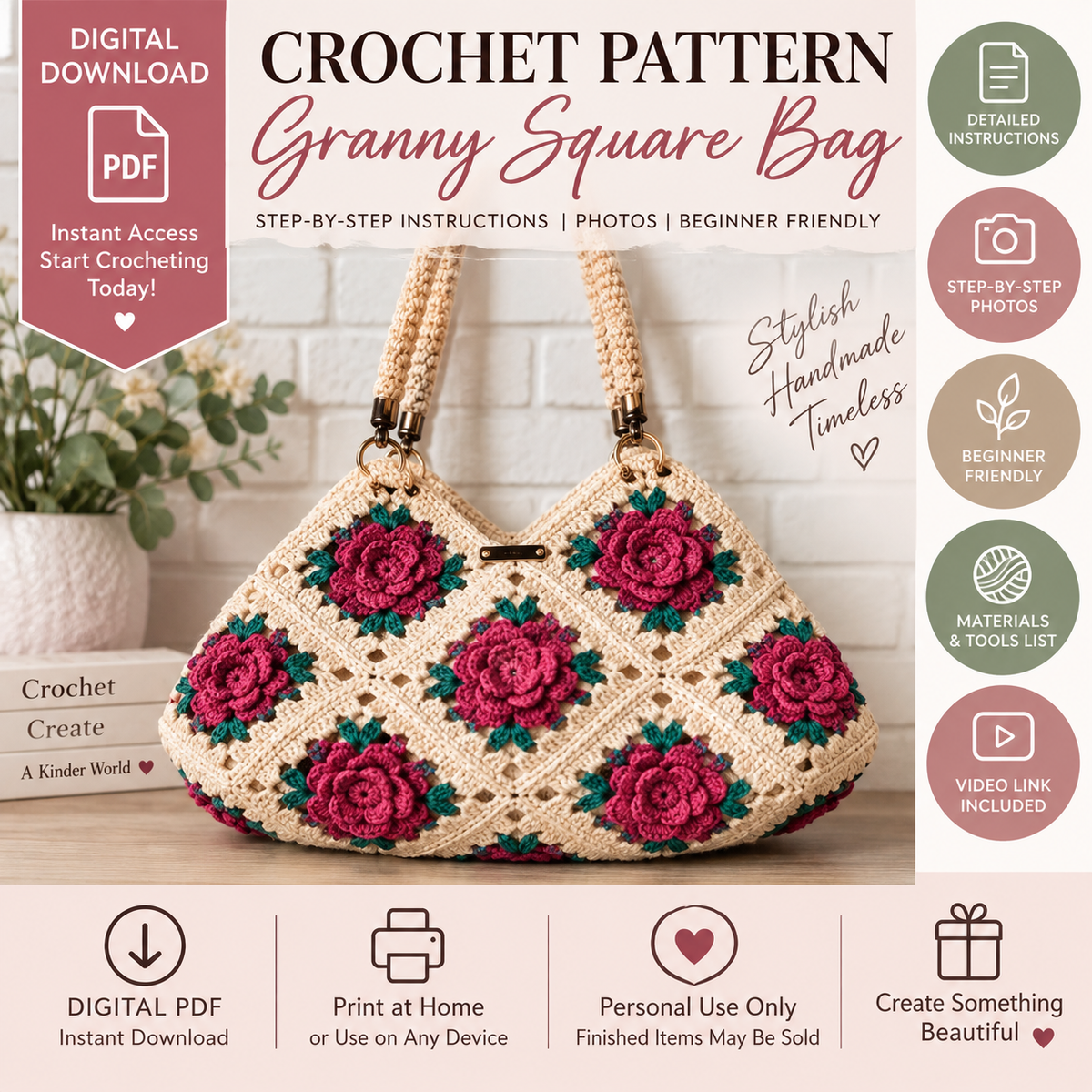 Granny Square Crochet Bag Pattern (Digital Download)