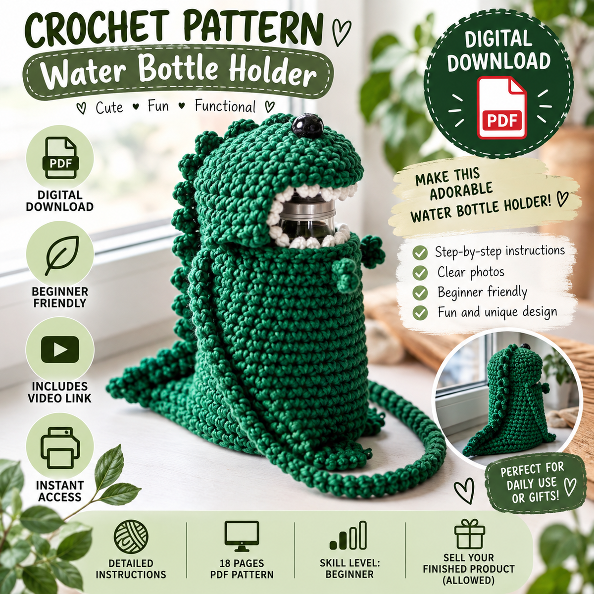 Crochet Dinosaur Water Bottle Holder Pattern (Digital Download)