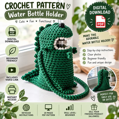 Crochet Dinosaur Water Bottle Holder Pattern (Digital Download)