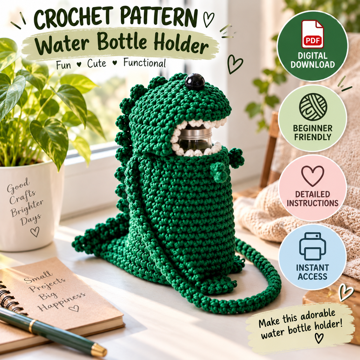 Crochet Dinosaur Water Bottle Holder Pattern (Digital Download)