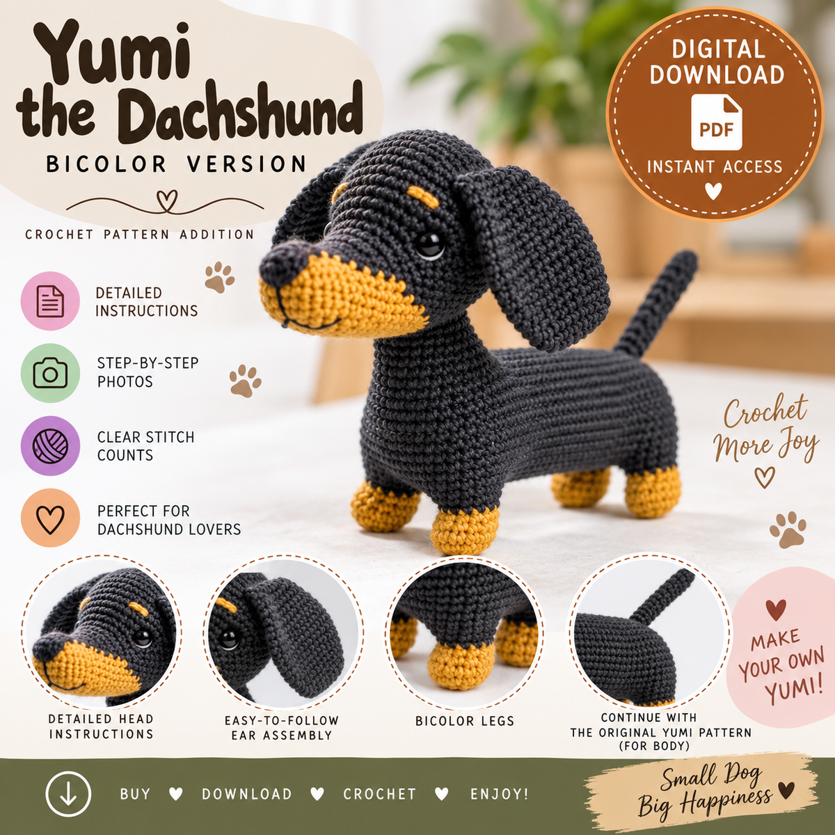 Yumi the Dachshund Bicolor Crochet Pattern (Digital Download)