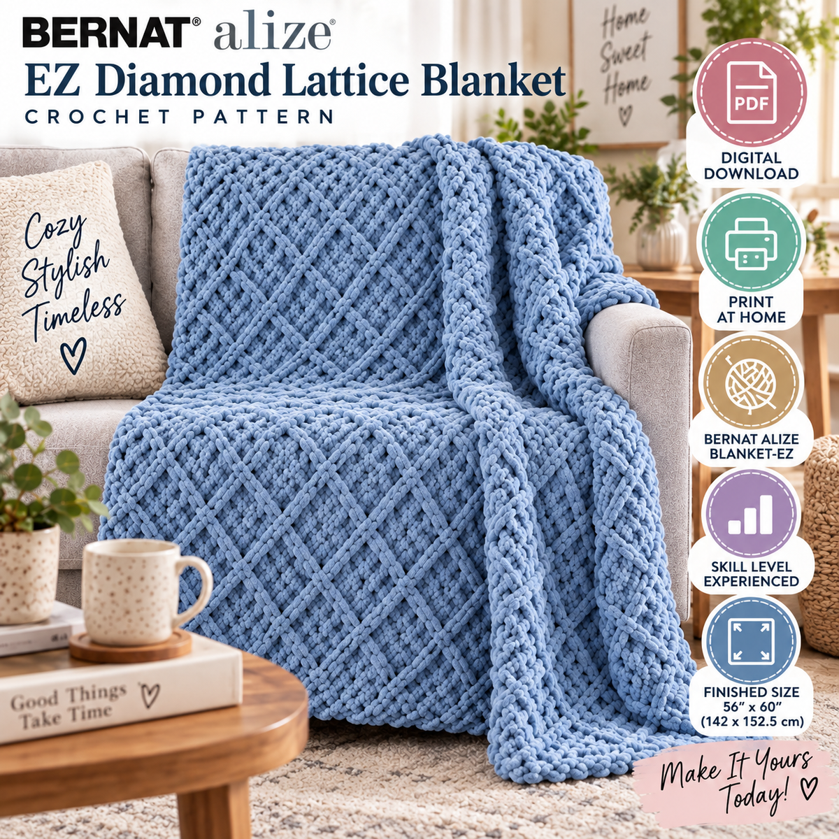 EZ Diamond Lattice Blanket Pattern (Chunky Blanket Digital Download)