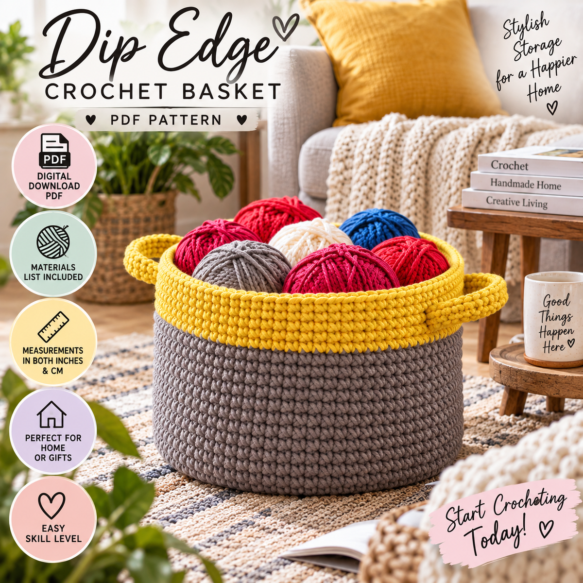 Dip Edge Crochet Basket Pattern (Digital Download)