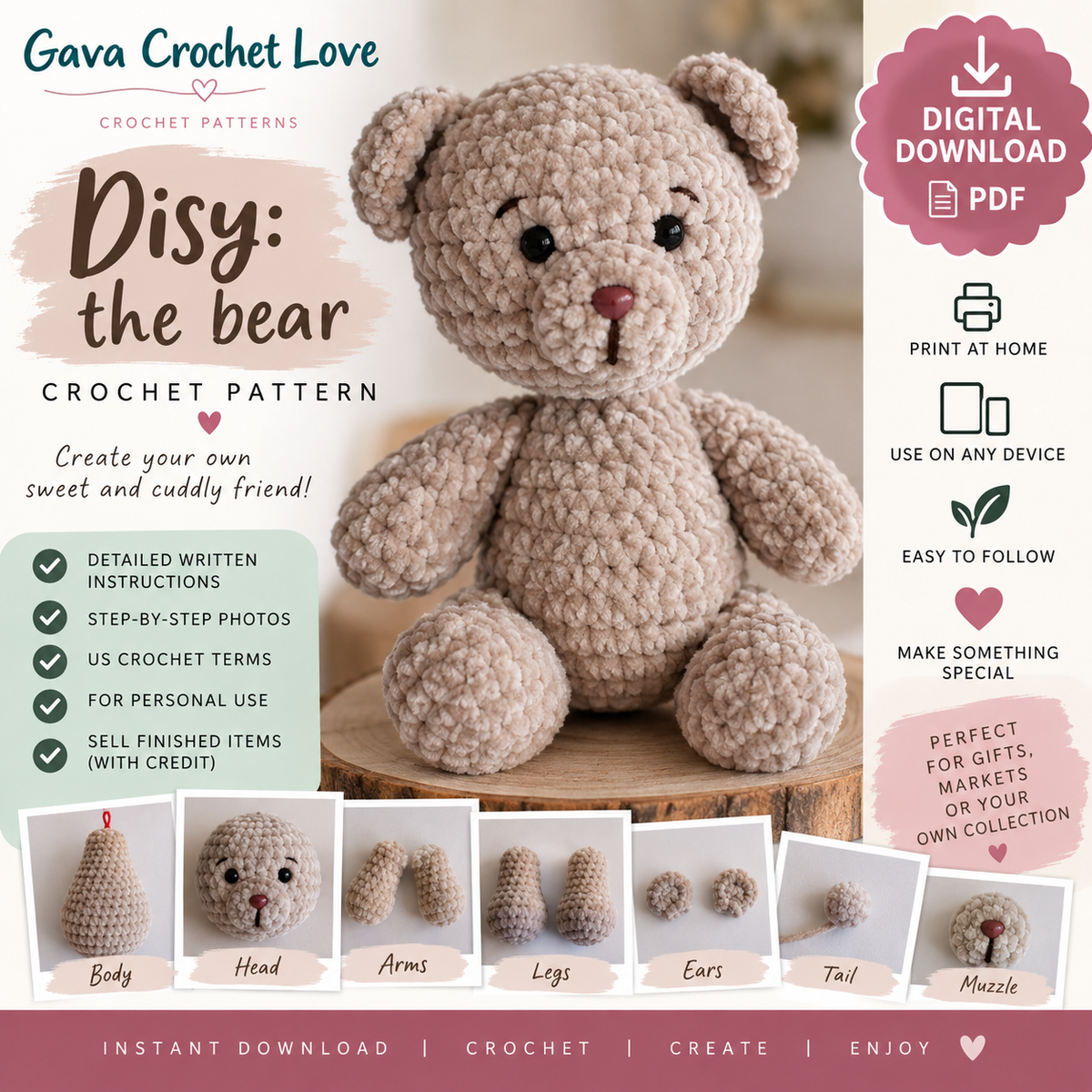 Disy the Bear Crochet Pattern (Digital Download)