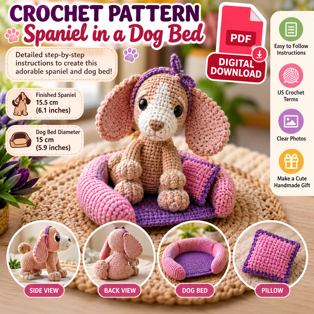 Spaniel in a Dog Bed Crochet Pattern (Digital Download)