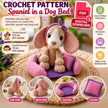 Spaniel in a Dog Bed Crochet Pattern (Digital Download)