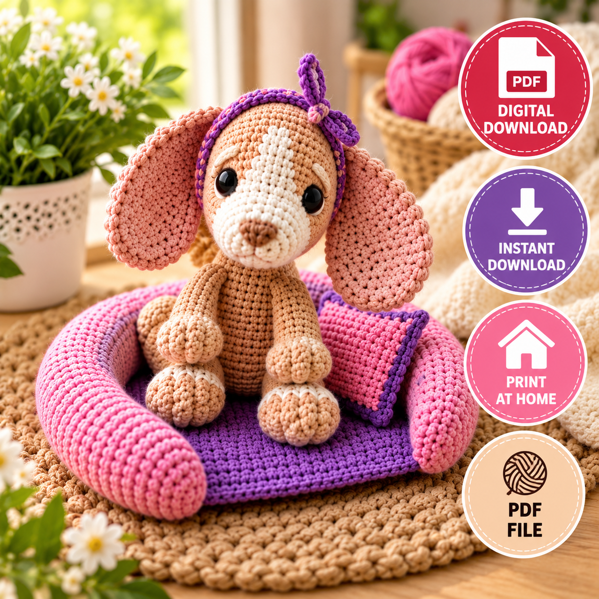 Spaniel in a Dog Bed Crochet Pattern (Digital Download)