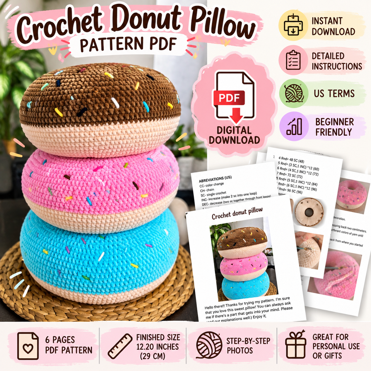 Crochet Donut Pillow Pattern (Digital Download)
