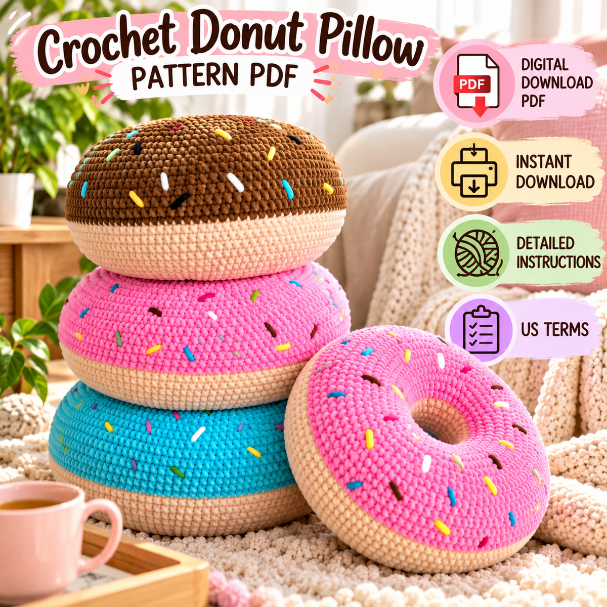 Crochet Donut Pillow Pattern (Digital Download)