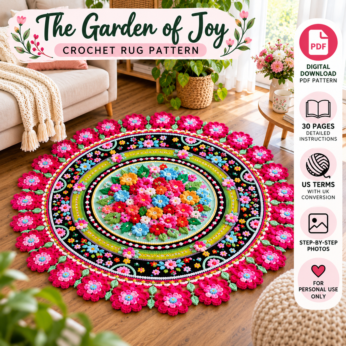 The Garden of Joy Crochet Rug Pattern (Digital Download)