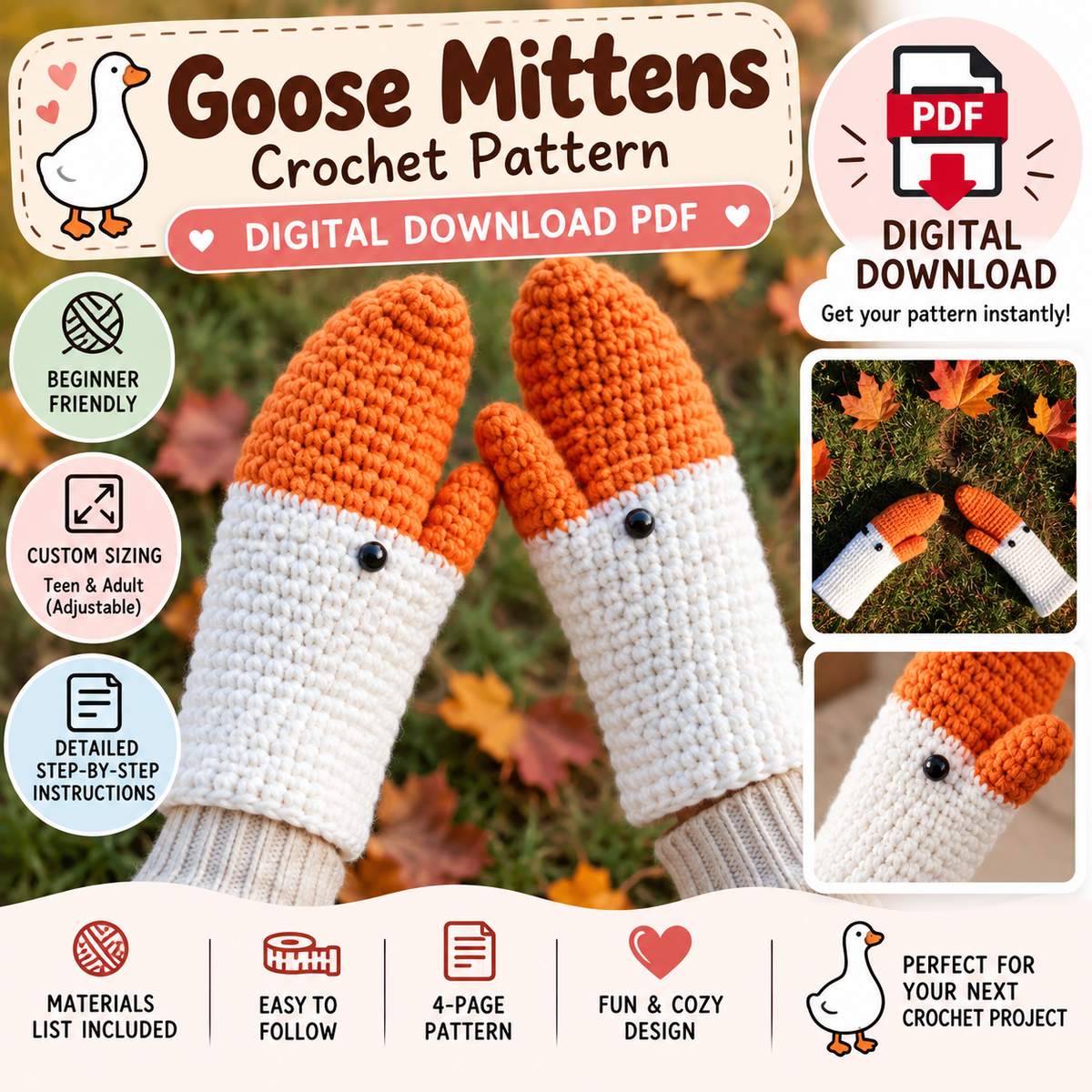 Goose Mittens Crochet Pattern PDF – Beginner Custom Size Mittens (Digital Download)