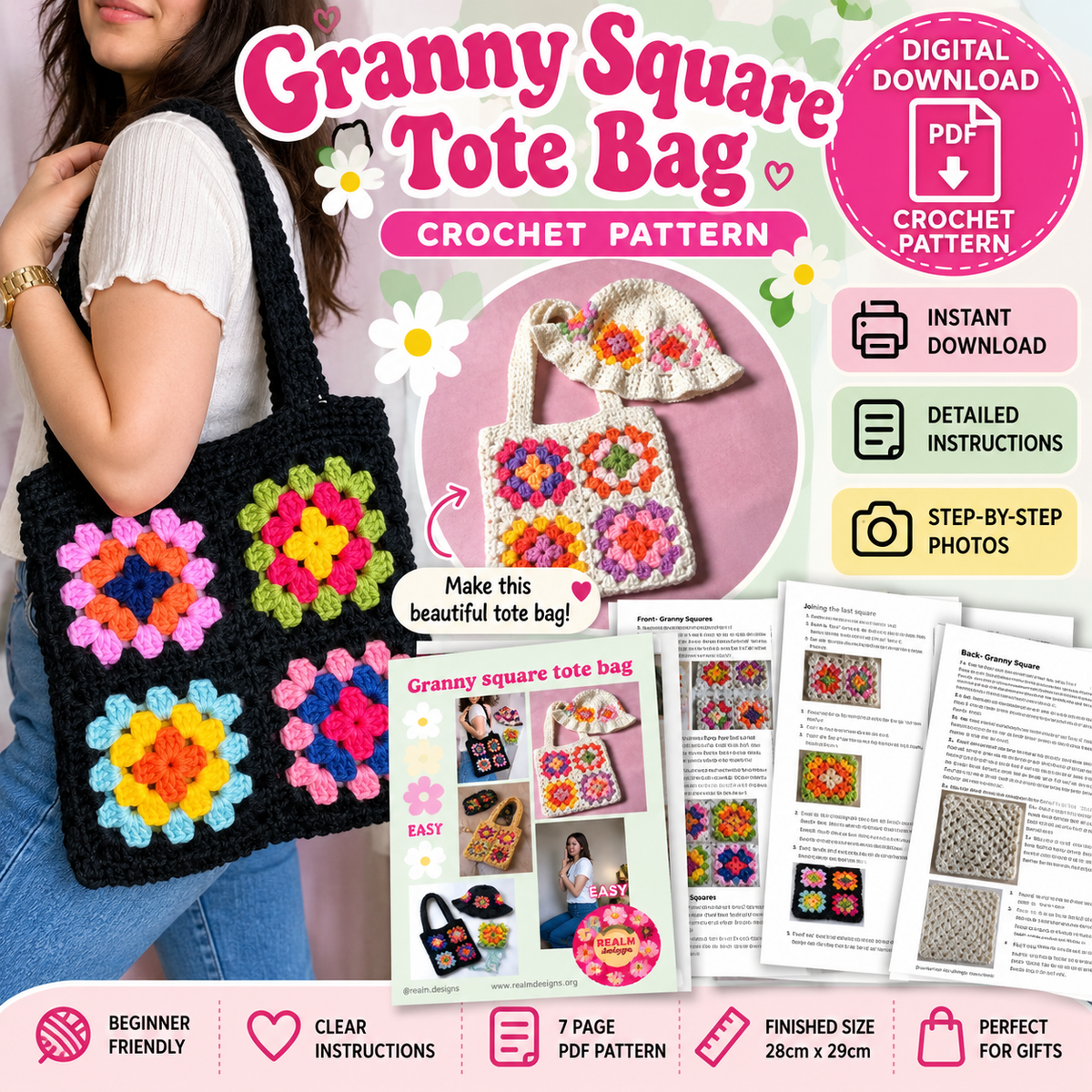 Granny Square Tote Bag Crochet Pattern (Digital Download)