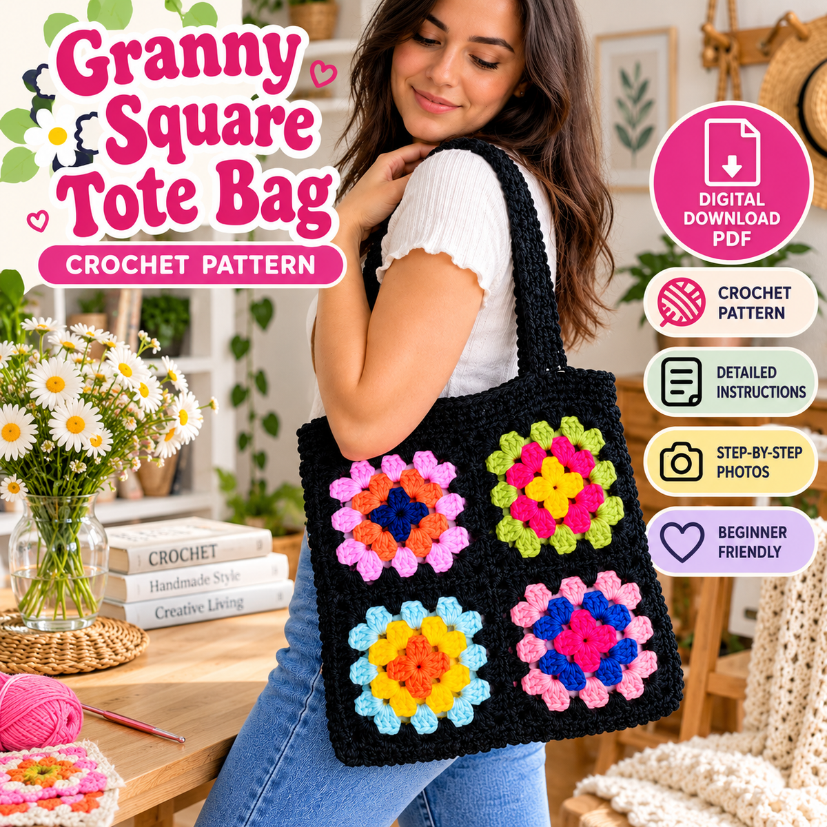 Granny Square Tote Bag Crochet Pattern (Digital Download)