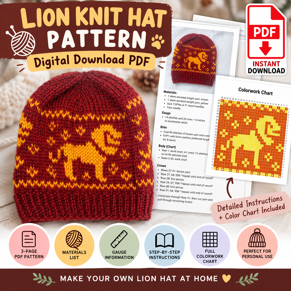 Lion Knit Hat Pattern (Instant Digital Download)