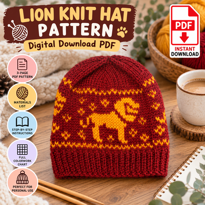 Lion Knit Hat Pattern (Instant Digital Download)