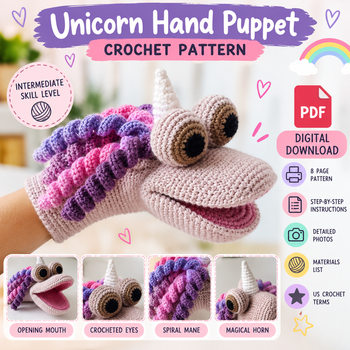 Unicorn Hand Puppet Crochet Pattern (Instant Digital Download)