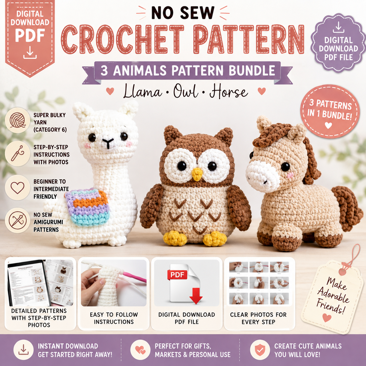 3-in-1 No Sew Crochet Animal Pattern Bundle PDF | Llama, Owl & Horse | (Instant Digital Download)