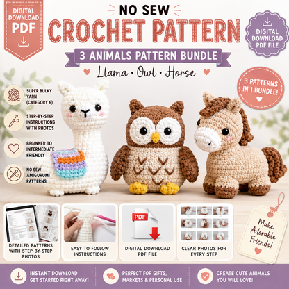 3-in-1 No Sew Crochet Animal Pattern Bundle PDF | Llama, Owl & Horse | (Instant Digital Download)