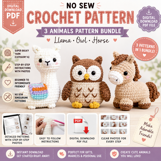 3-in-1 No Sew Crochet Animal Pattern Bundle PDF | Llama, Owl & Horse | (Instant Digital Download)
