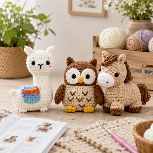 3-in-1 No Sew Crochet Animal Pattern Bundle PDF | Llama, Owl & Horse | (Instant Digital Download)