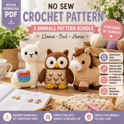 3-in-1 No Sew Crochet Animal Pattern Bundle PDF | Llama, Owl & Horse | (Instant Digital Download)