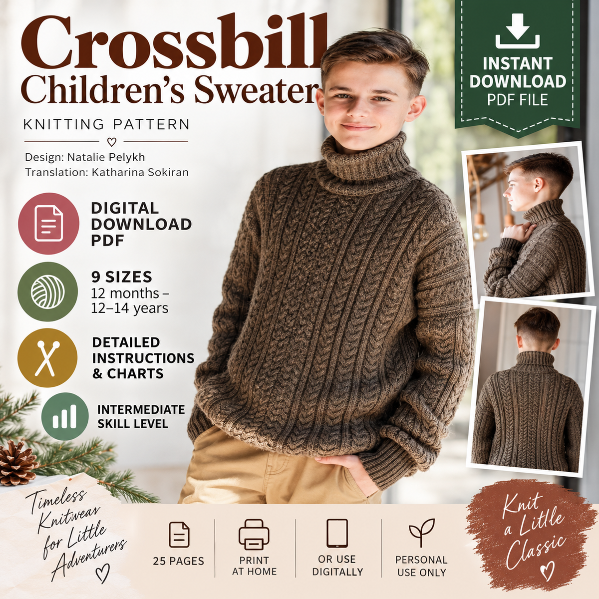 Crossbill Children’s Sweater Knitting Pattern | 9 Sizes | (Digital Download)