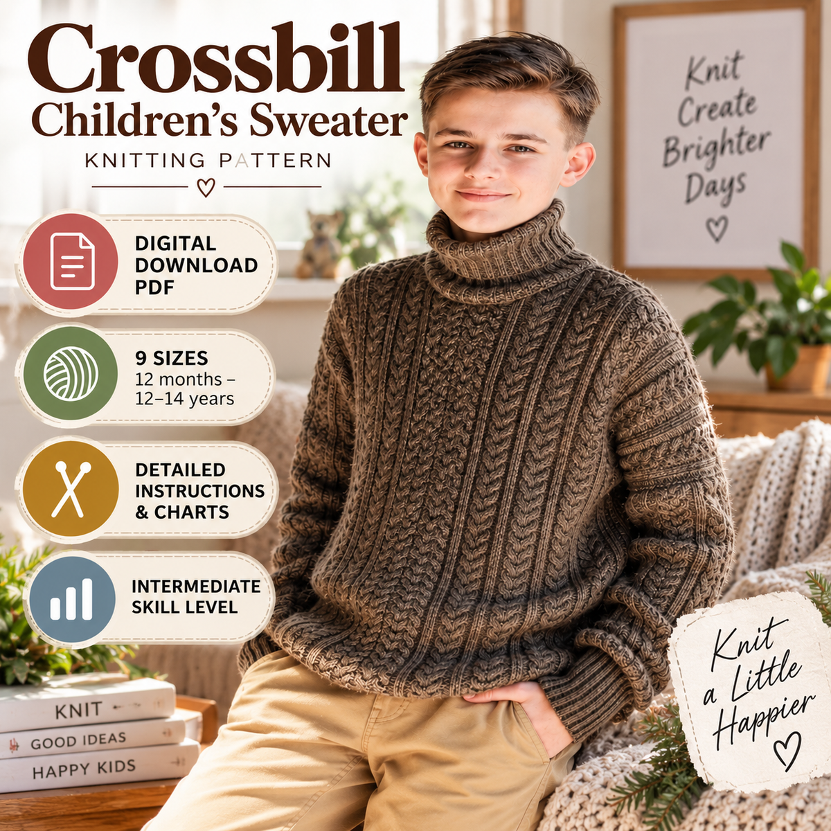 Crossbill Children’s Sweater Knitting Pattern | 9 Sizes | (Digital Download)